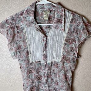 American Rag Womens‎ Soft Paisley Cap Sleeve Blouse Tie Back Lace Size Large Top